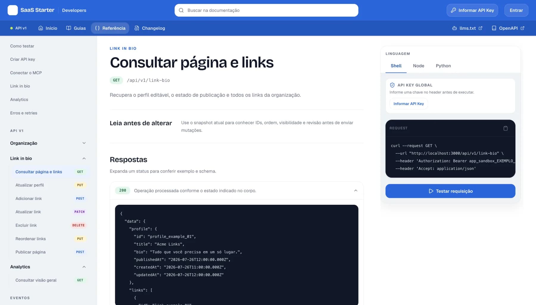Portal de documentação dinâmica da API com exemplos de requisição e resposta
