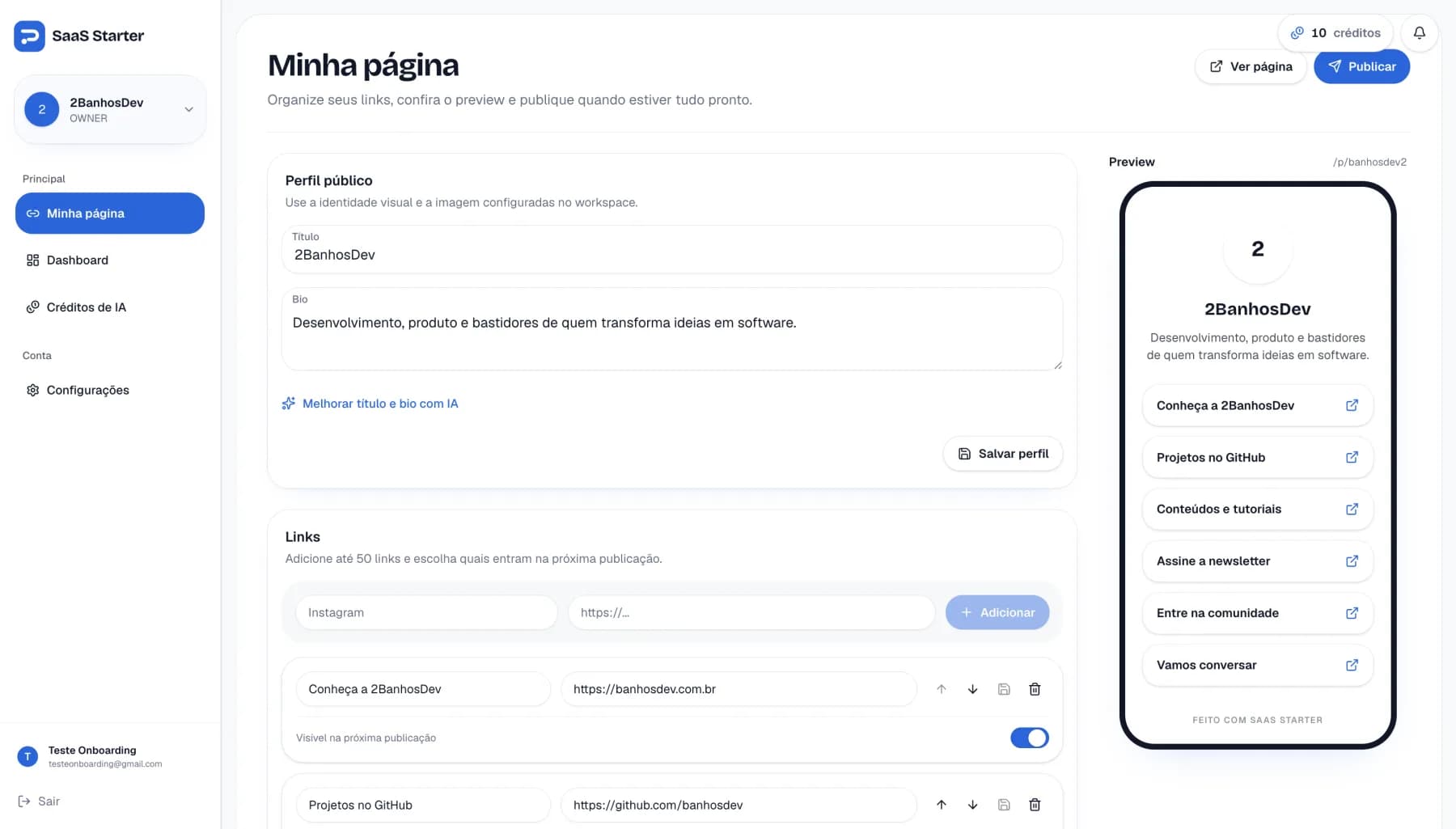 Editor de Link in Bio com preview em tempo real